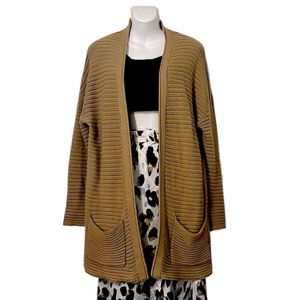 Twik Women’s Mid Length Open Dejon Mustard Gold Color Knit Cardigan Sweater Sz M